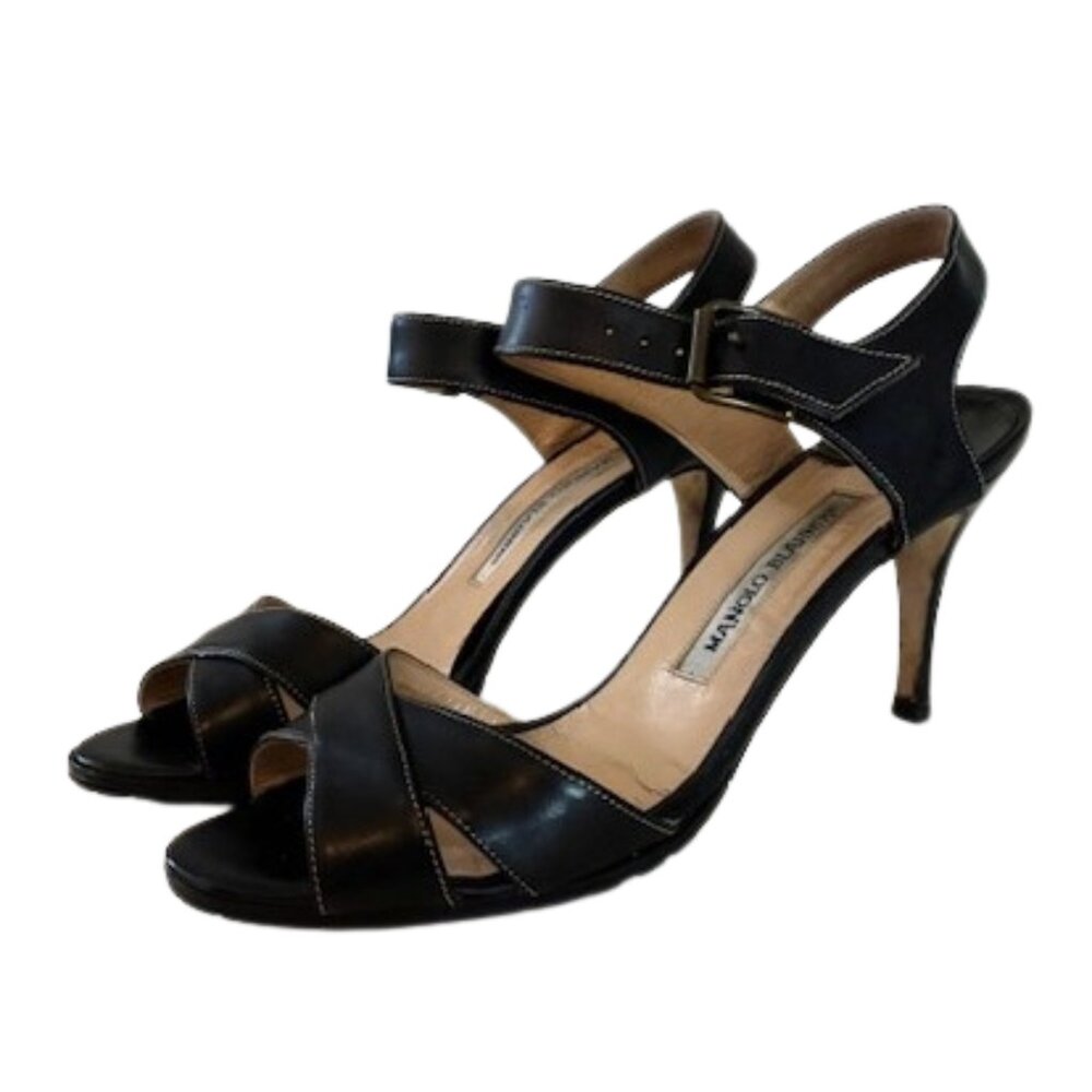Manolo Blahnik Black Leather Open-Toe Ankle Strap Sandals
